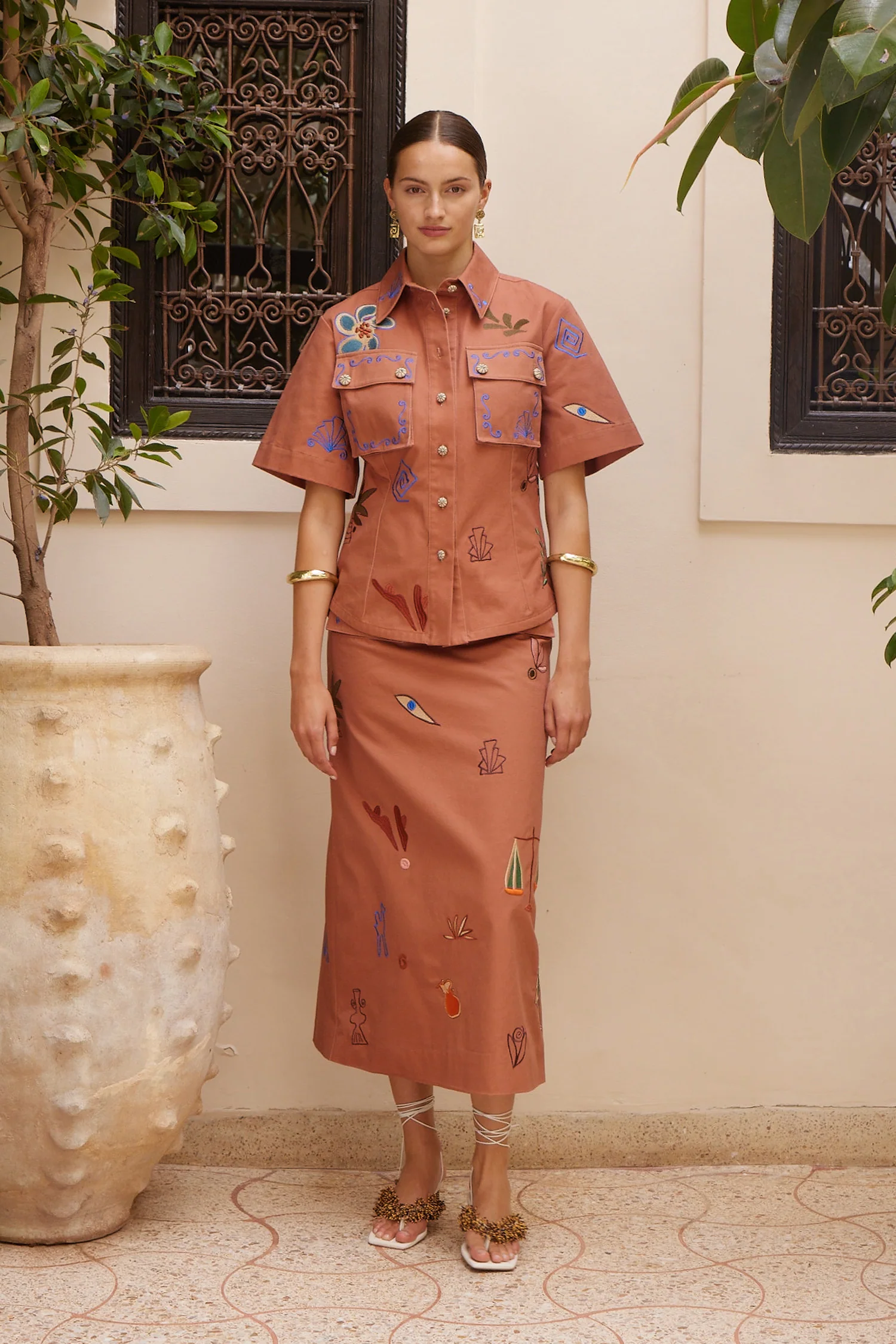 Alemais Dusty Embroidered Fitted Shirt - Rust