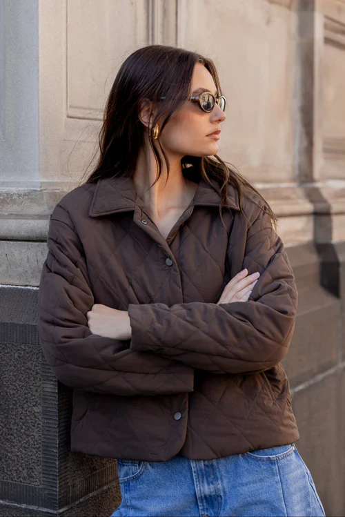 Among The Brave Absolute Soft Collared Quilted Jacket - Chocolate - Image 3