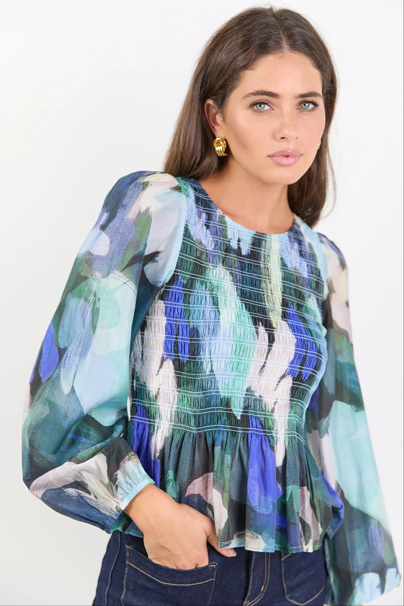 Among The Brave Assent Shirred Long Sleeve Top - Blue Abstract Print - Image 4