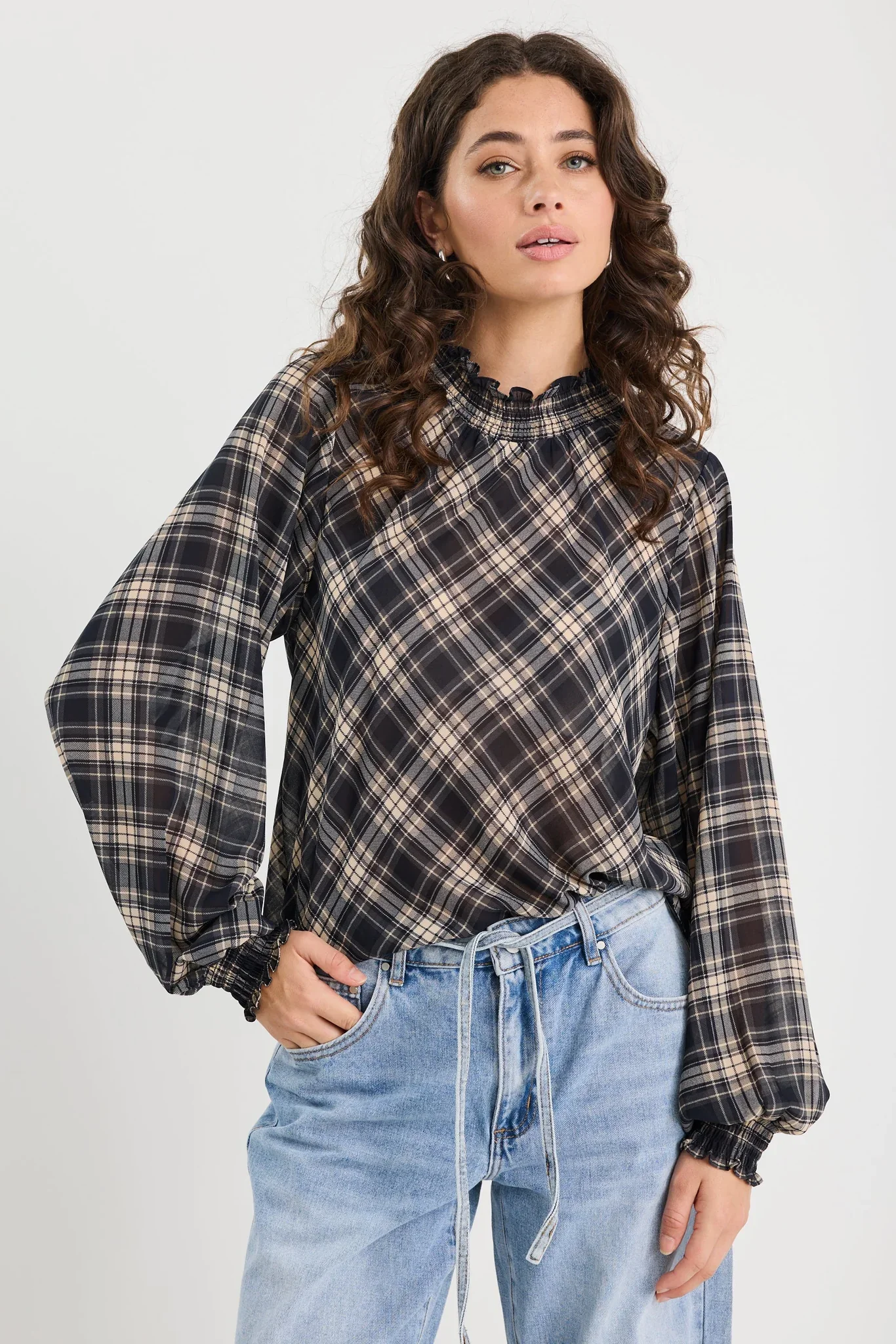 Among The Brave Embrace Check Chiffon Shirred Neck LS Top - Image 3