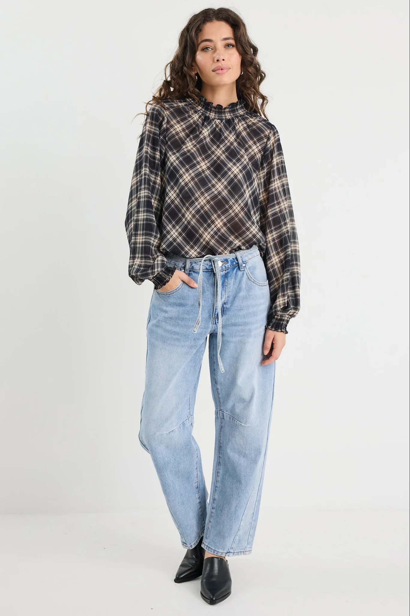 Among The Brave Embrace Check Chiffon Shirred Neck LS Top - Image 4