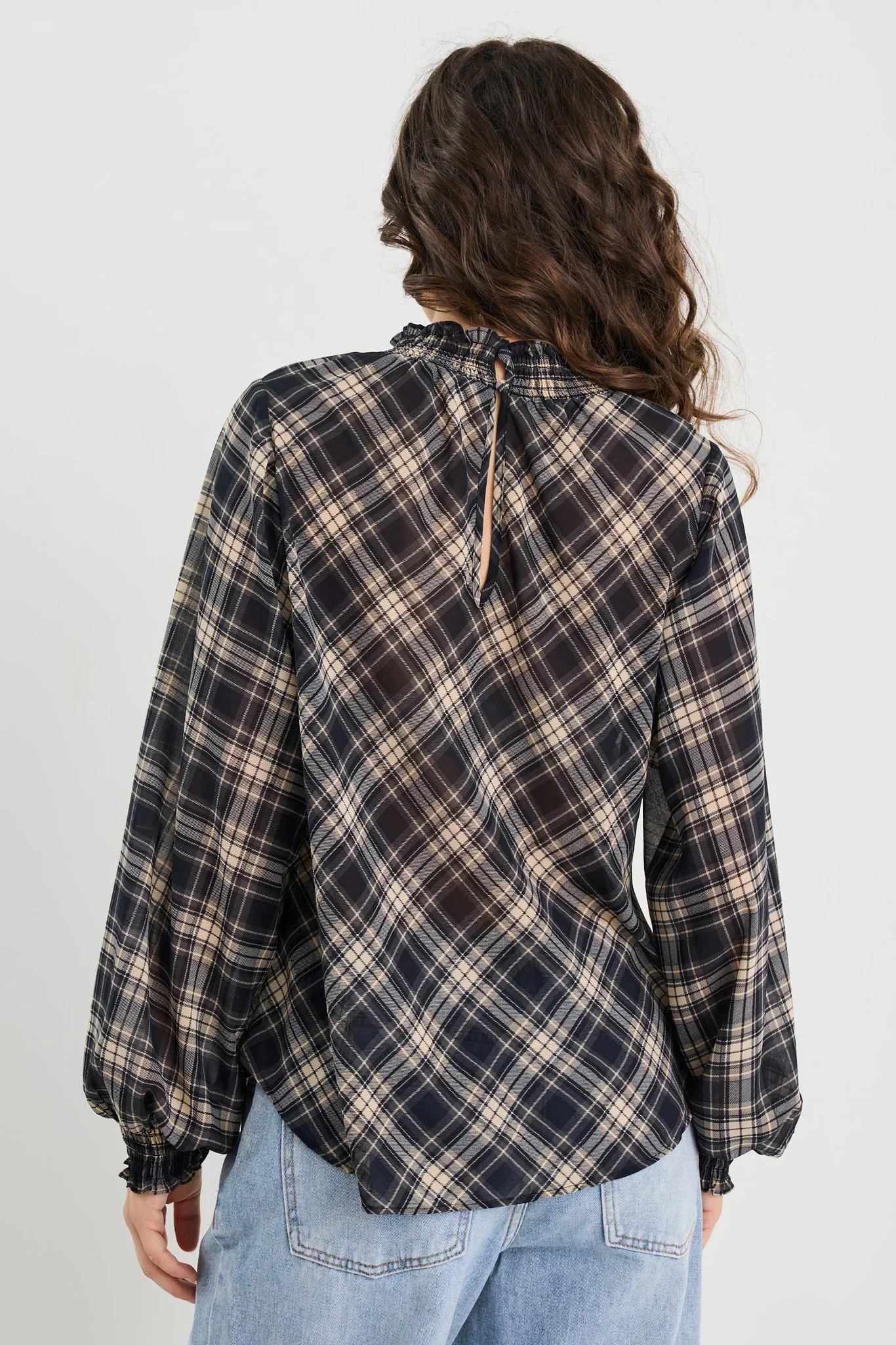 Among The Brave Embrace Check Chiffon Shirred Neck LS Top - Image 6