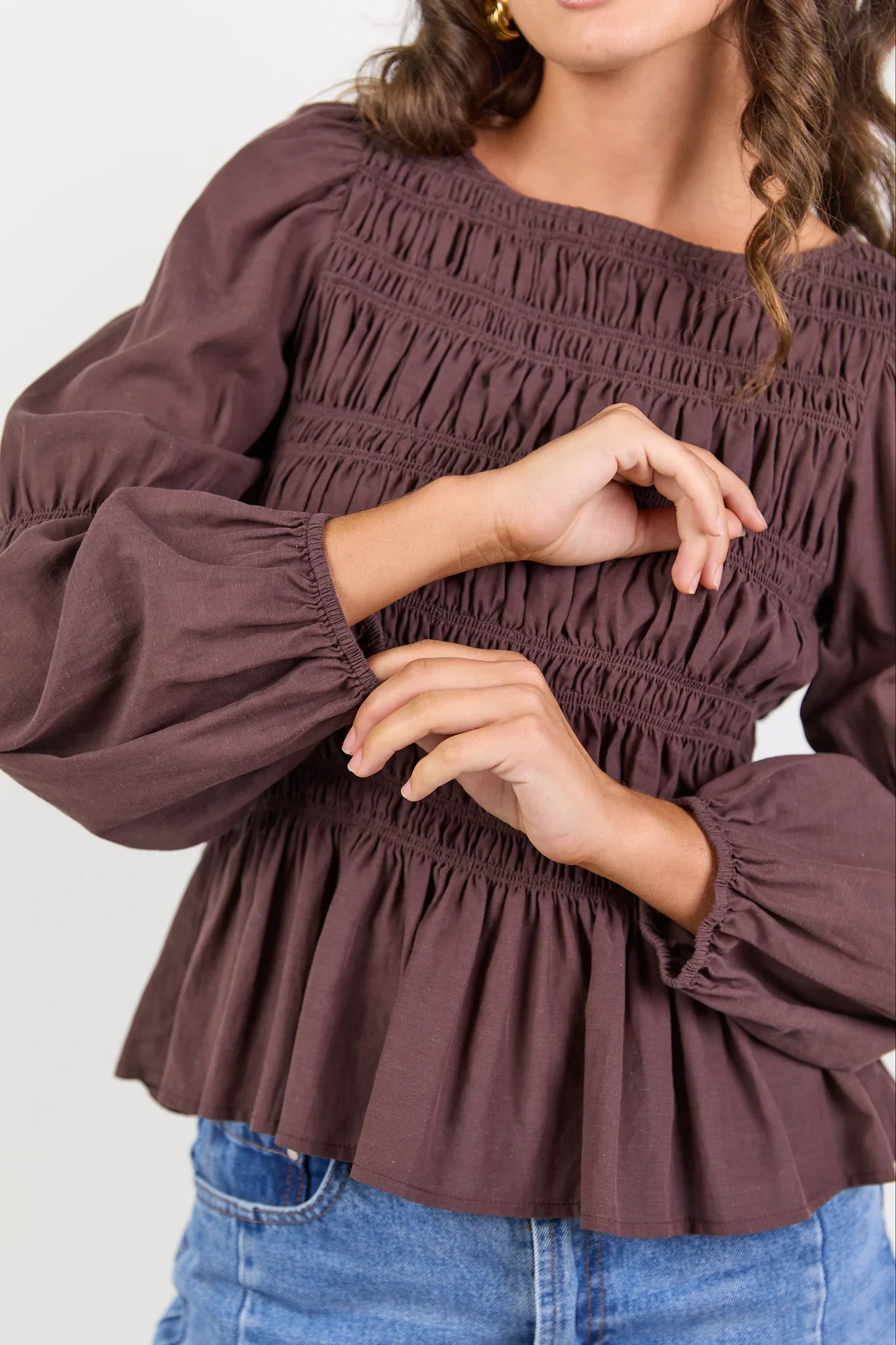 Among The Brave Required - Chocolate LS Shirred Bodice Top - Image 3