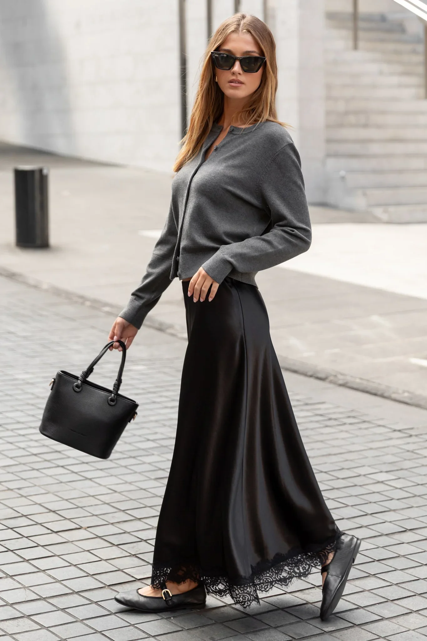 Georgia Zoe Margarita - Black Satin Lace Trim Bais Maxi Skirt