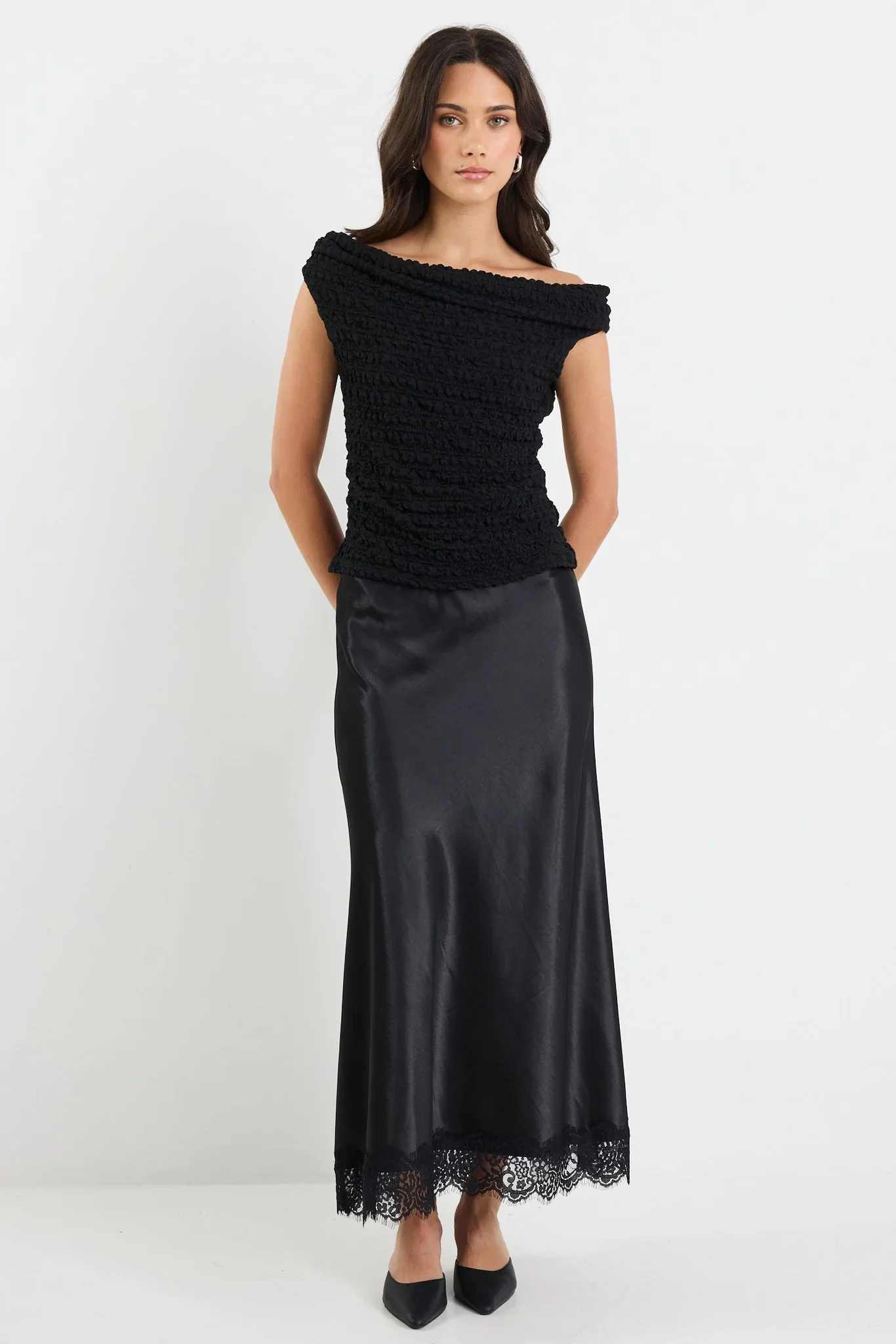 Georgia Zoe Margarita - Black Satin Lace Trim Bais Maxi Skirt - Image 2