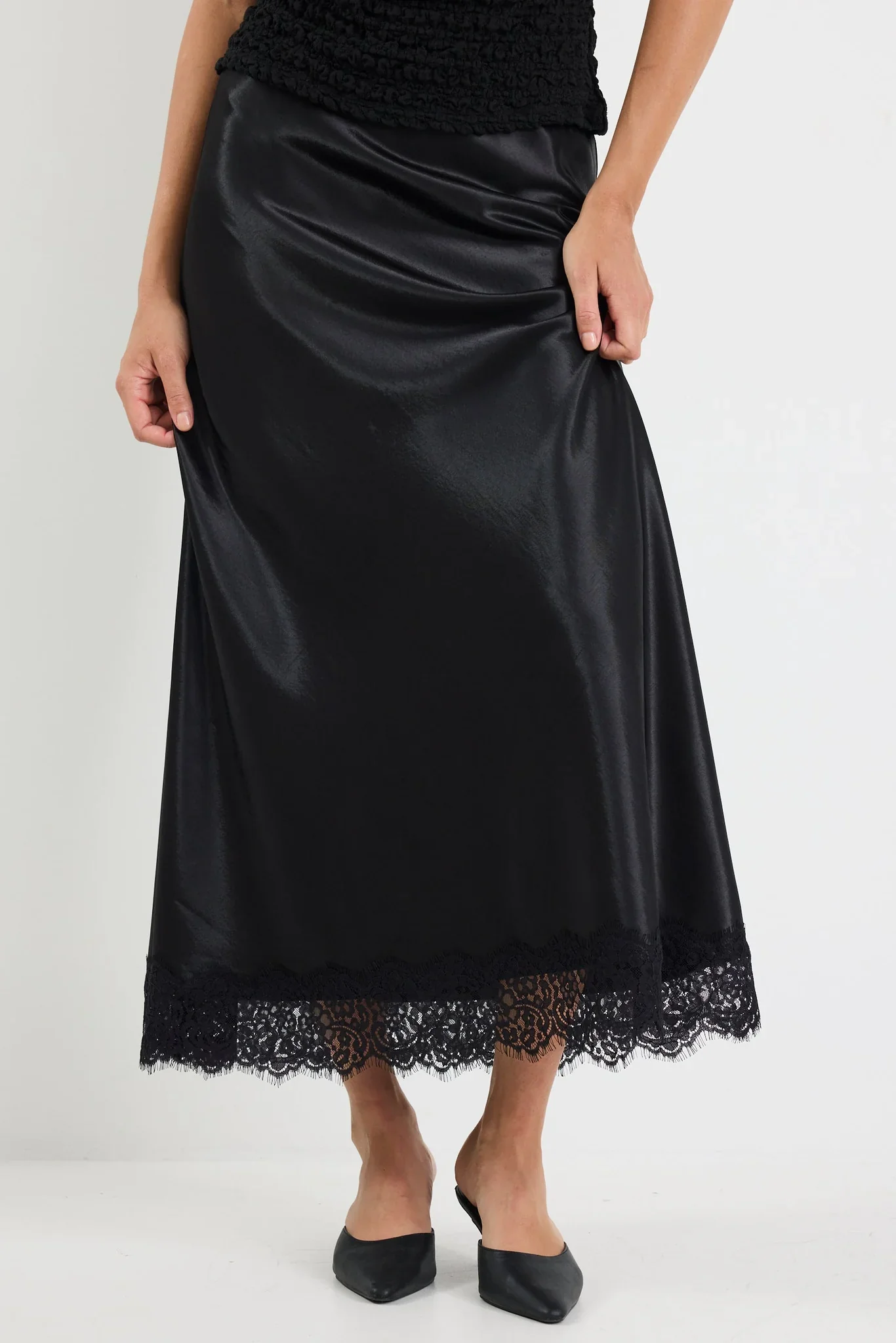 Georgia Zoe Margarita - Black Satin Lace Trim Bais Maxi Skirt - Image 4