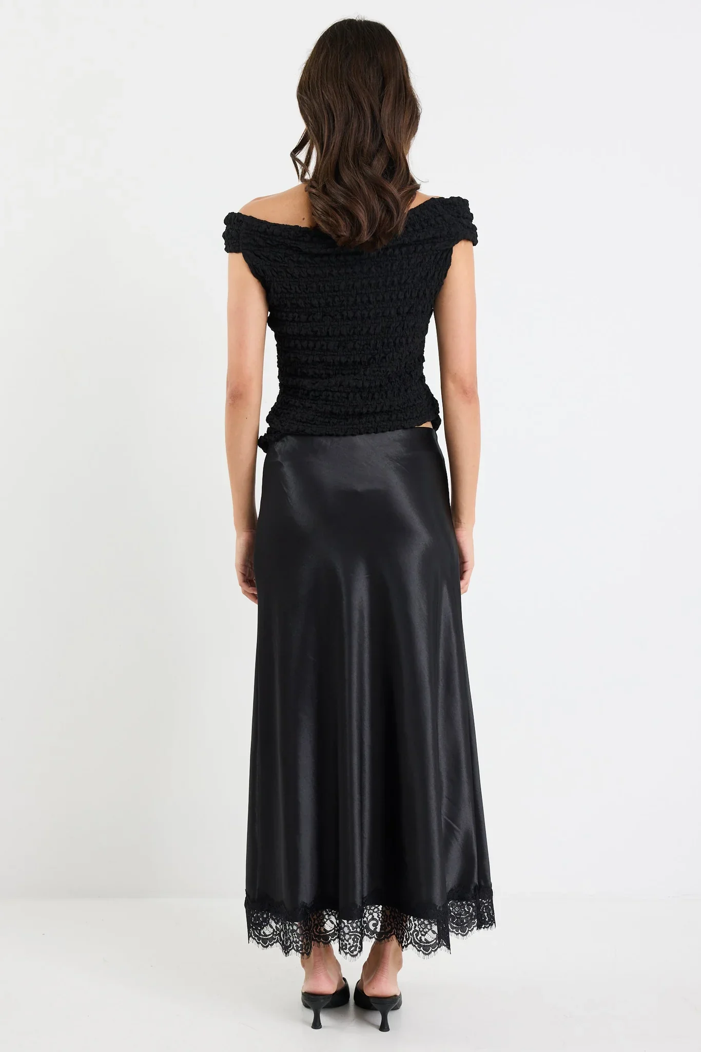 Georgia Zoe Margarita - Black Satin Lace Trim Bais Maxi Skirt - Image 5