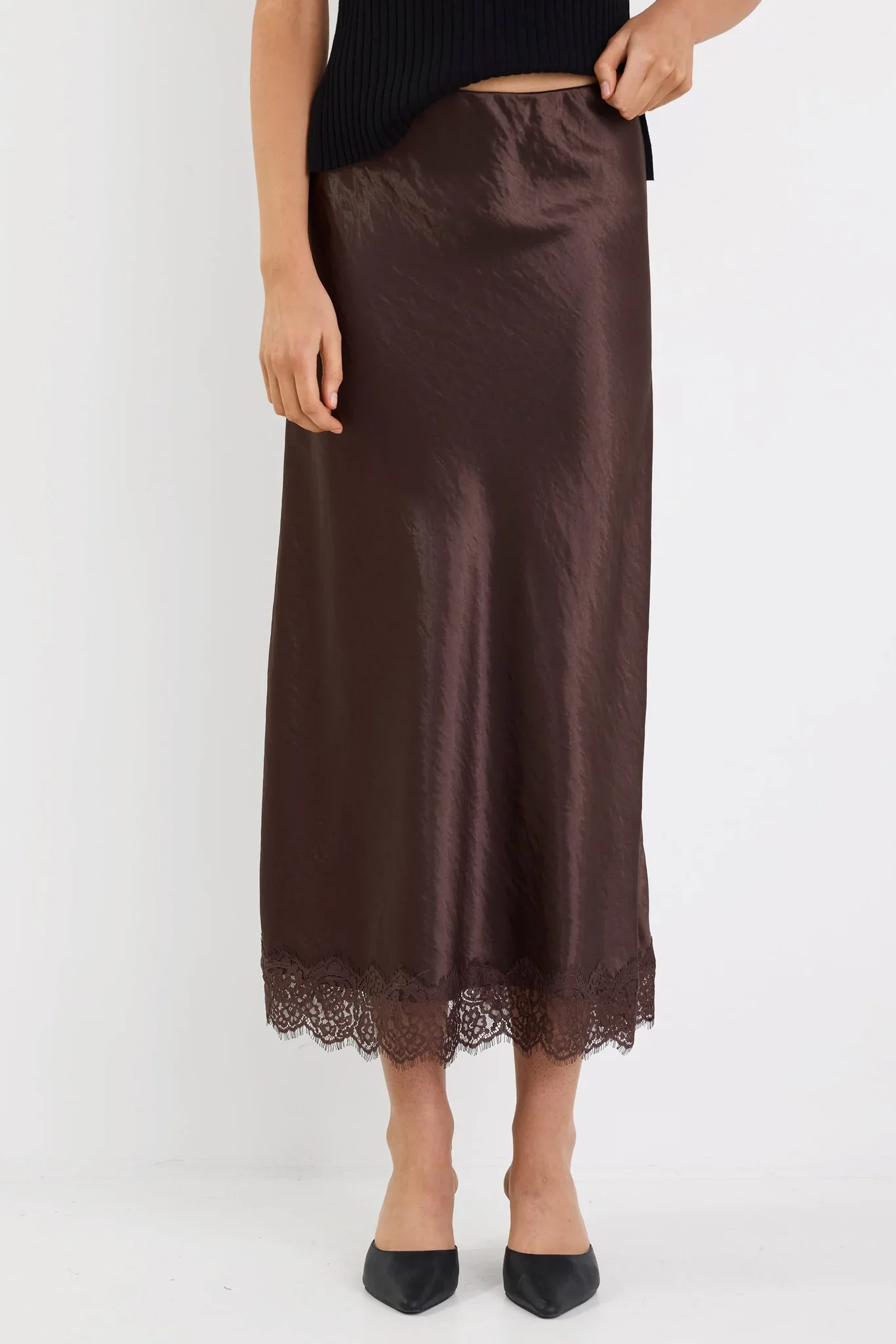 Georgia Zoe Margarita - Chocolate Satin Lace Trim Bais Maxi Skirt - Image 3