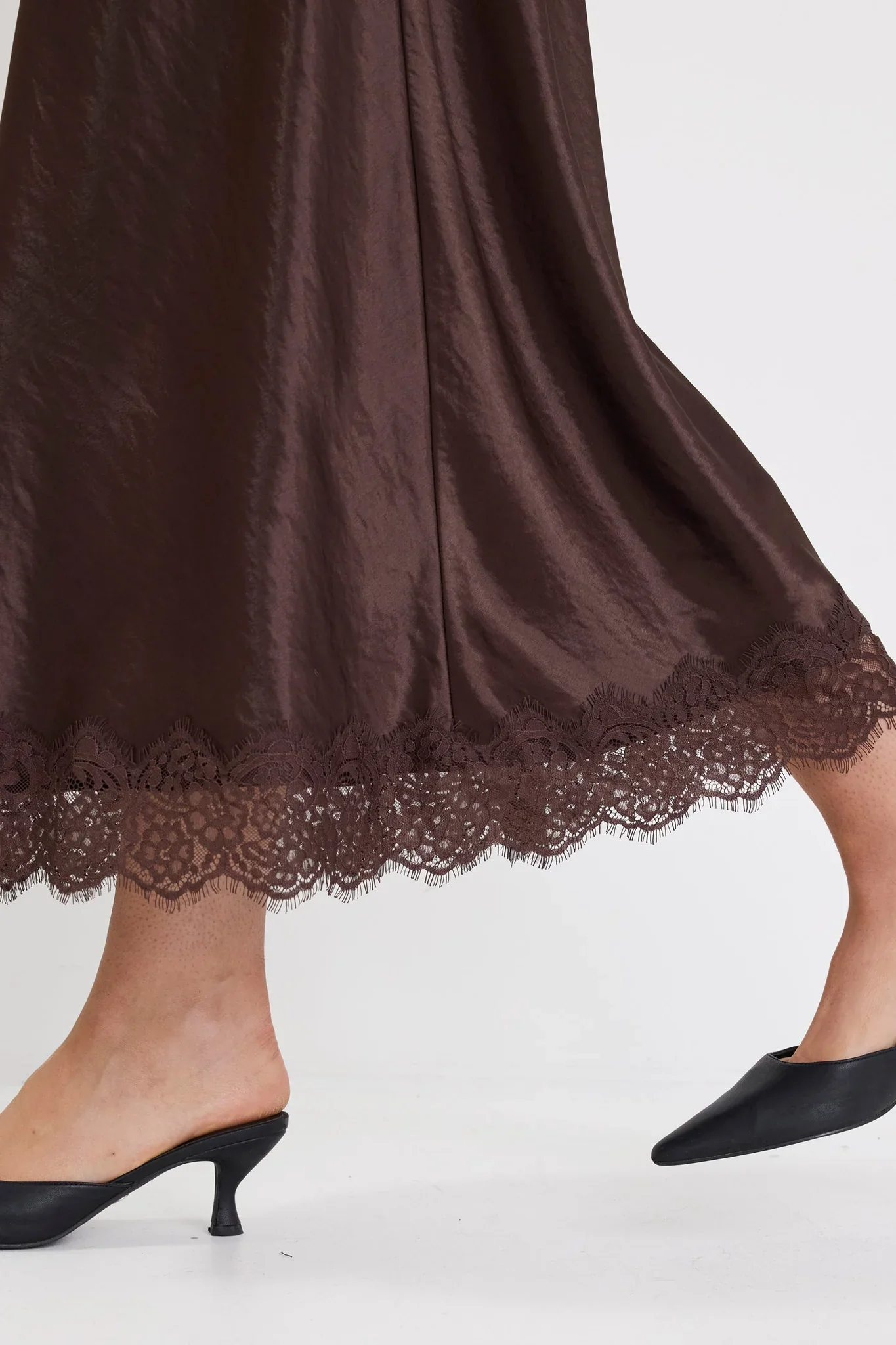 Georgia Zoe Margarita - Chocolate Satin Lace Trim Bais Maxi Skirt - Image 4