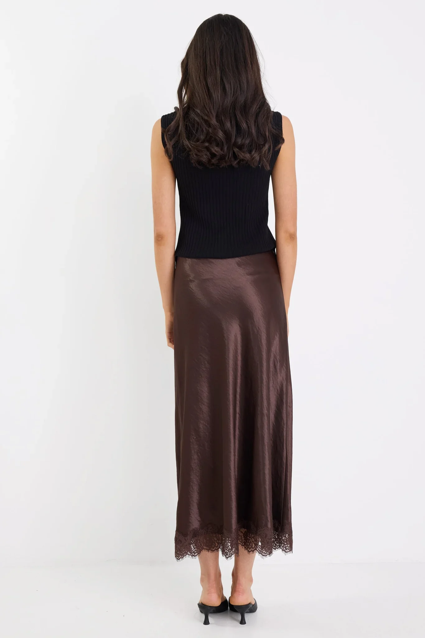 Georgia Zoe Margarita - Chocolate Satin Lace Trim Bais Maxi Skirt - Image 5