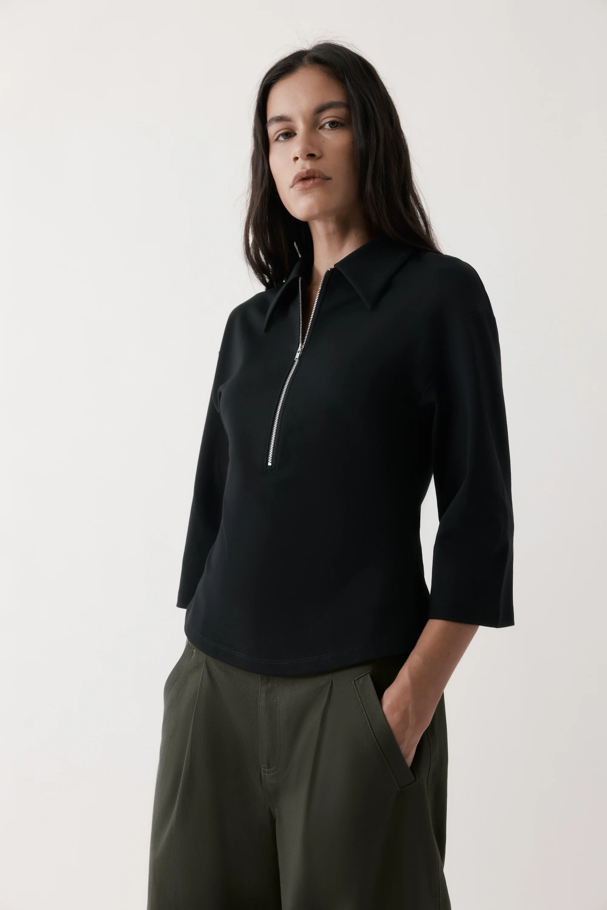 Rebe Zip-Front Polo - Black