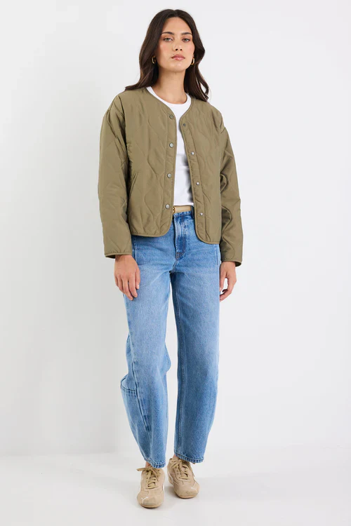 Stories Be Told Apex Collarless Puffer Jacket - Olive - Image 8