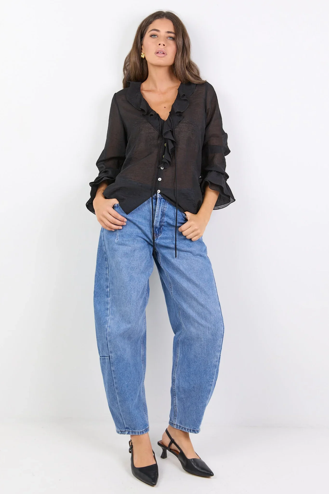 Among The Brave Sheer Frill Front Blouse - Black - Image 6