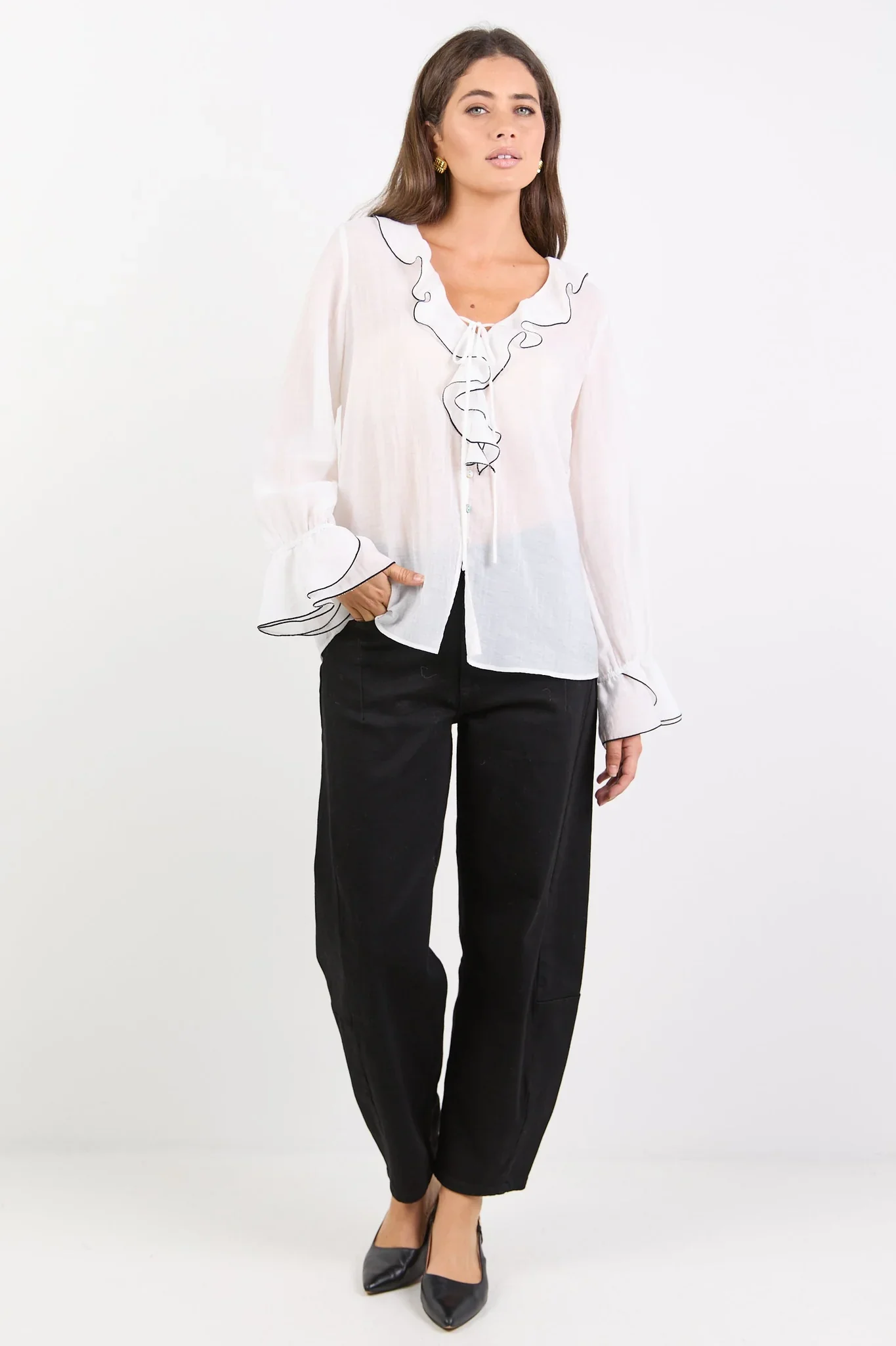 Among The Brave Bohemian Sheer Frill Front Blouse - Ivory Black Trim - Image 5