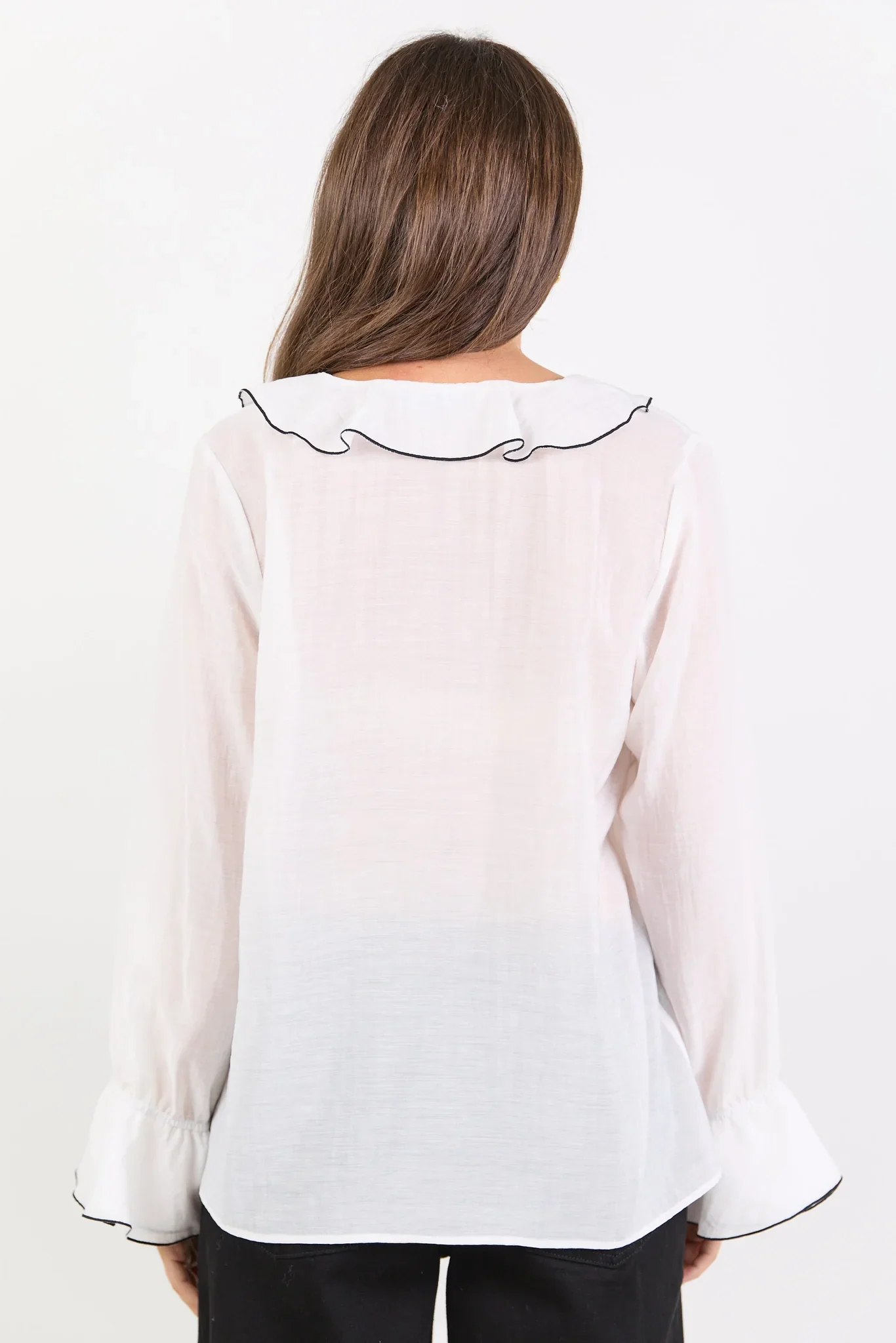 Among The Brave Bohemian Sheer Frill Front Blouse - Ivory Black Trim - Image 7