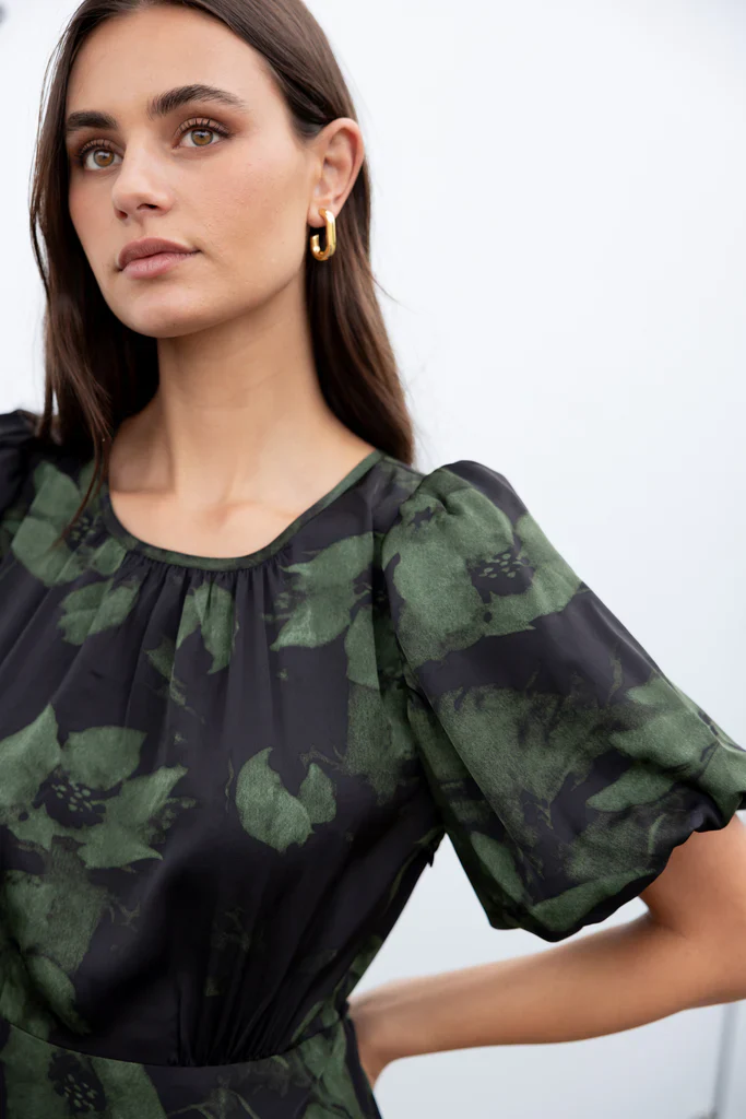 Stories Be Told Stage Satin Puff Sleeve Maxi Dress - Green Shadow Garden - Image 3