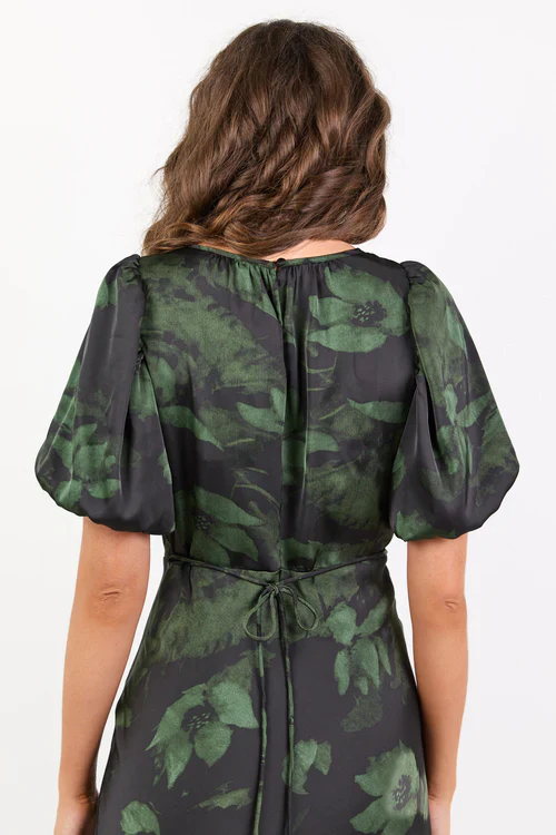 Stories Be Told Stage Satin Puff Sleeve Maxi Dress - Green Shadow Garden - Image 5