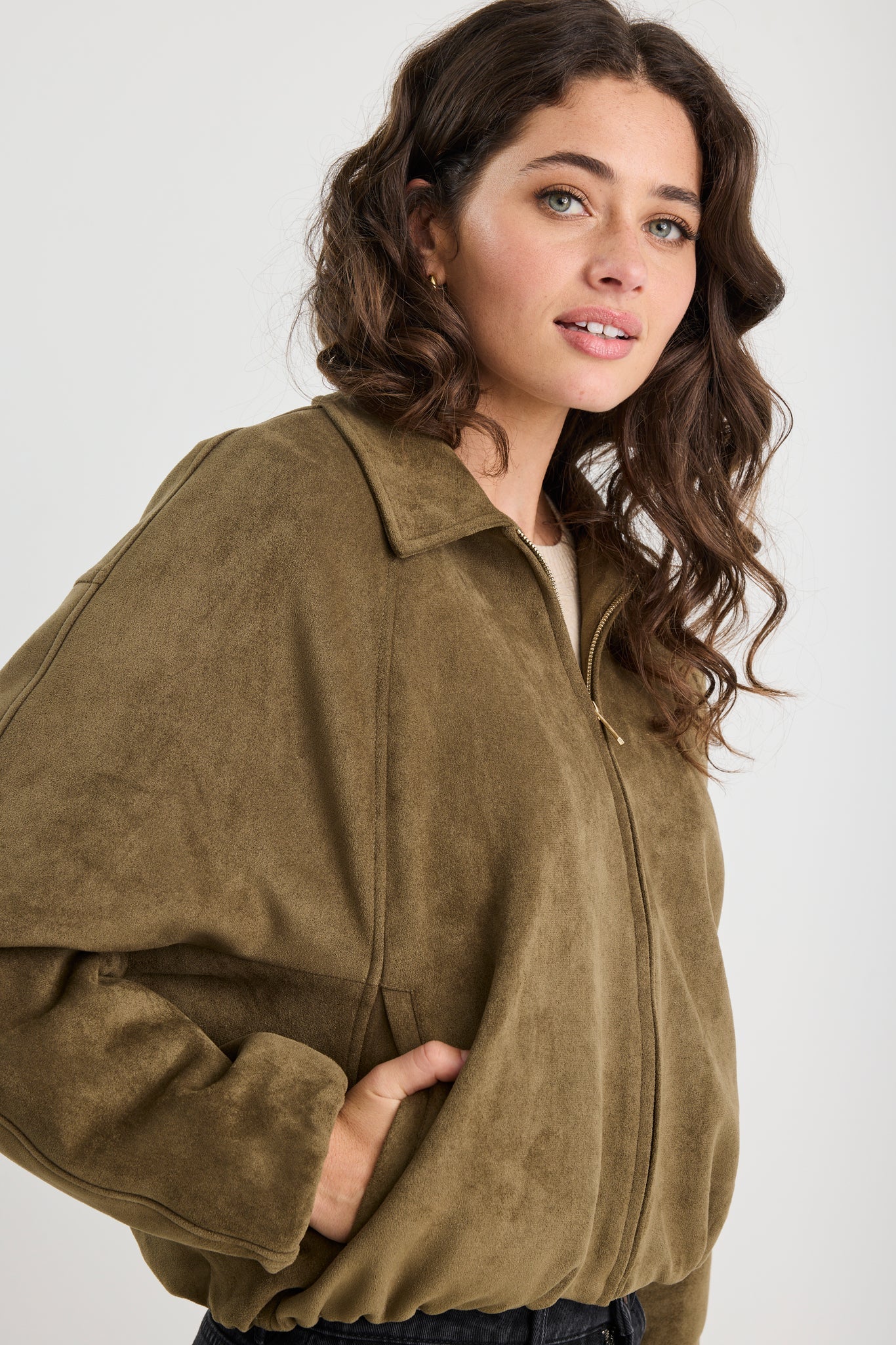 Stories Be Told Troupe Mock Suede Zip Through Bubble Hem Jacket - Khaki - Image 3