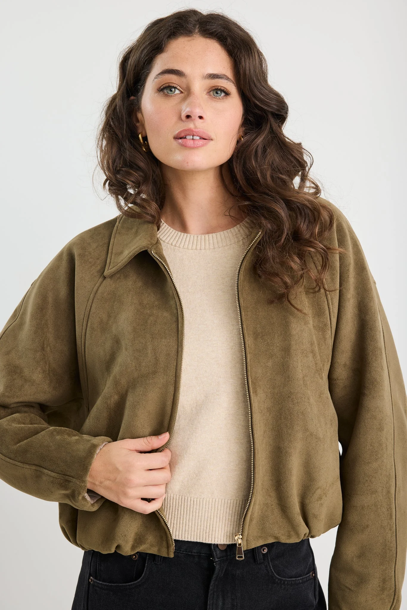 Stories Be Told Troupe Mock Suede Zip Through Bubble Hem Jacket - Khaki - Image 4
