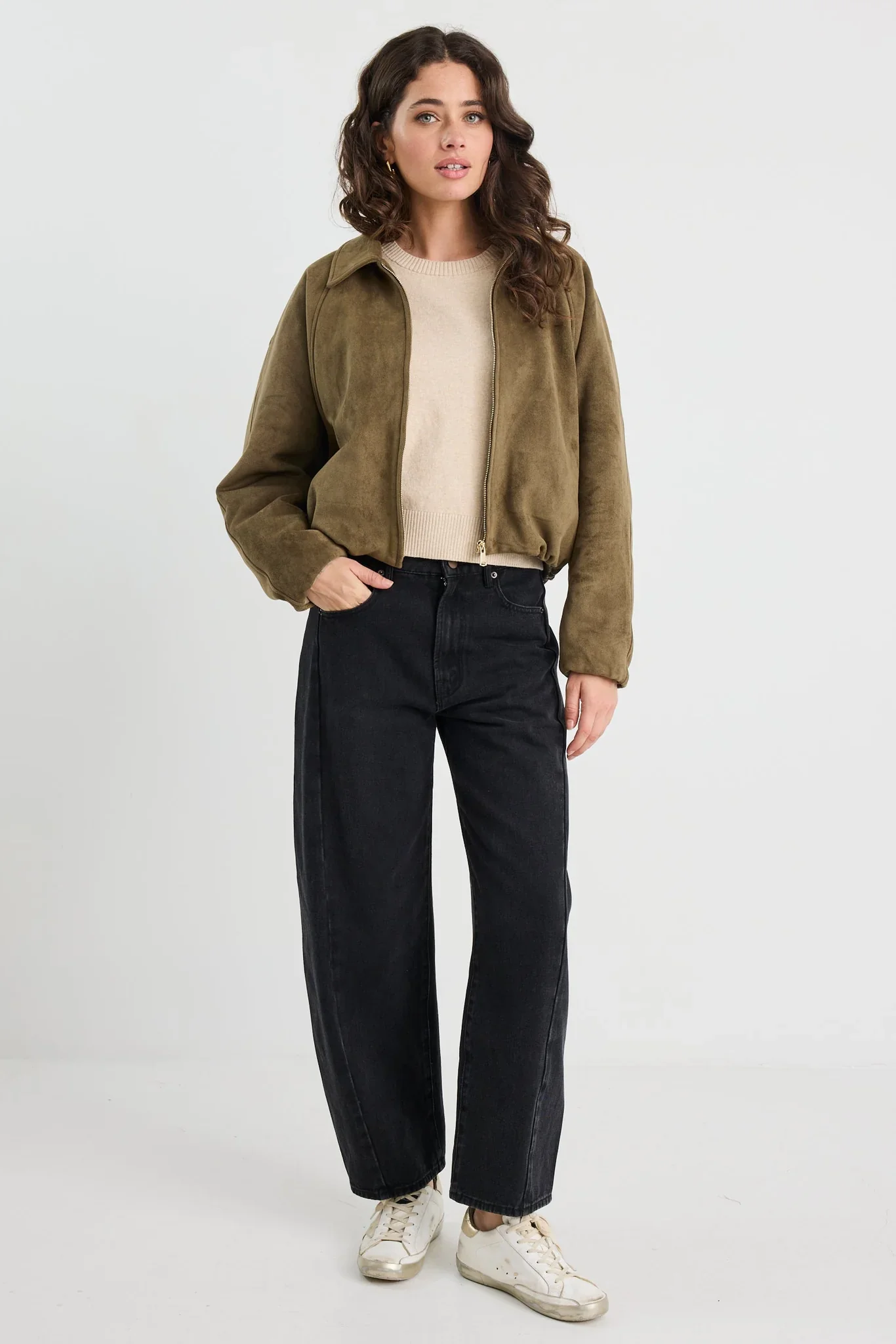 Stories Be Told Troupe Mock Suede Zip Through Bubble Hem Jacket - Khaki - Image 5