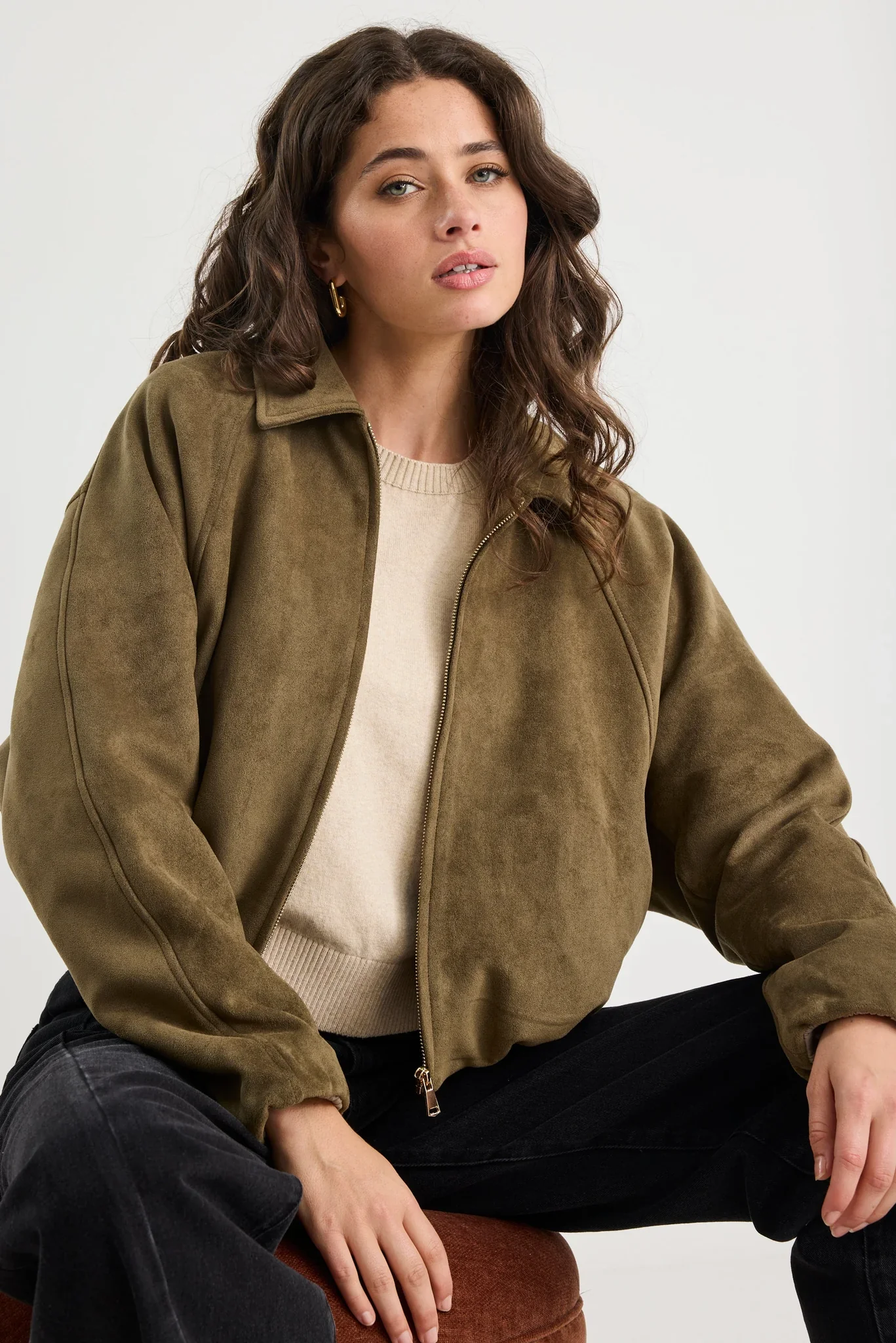 Stories Be Told Troupe Mock Suede Zip Through Bubble Hem Jacket - Khaki - Image 7