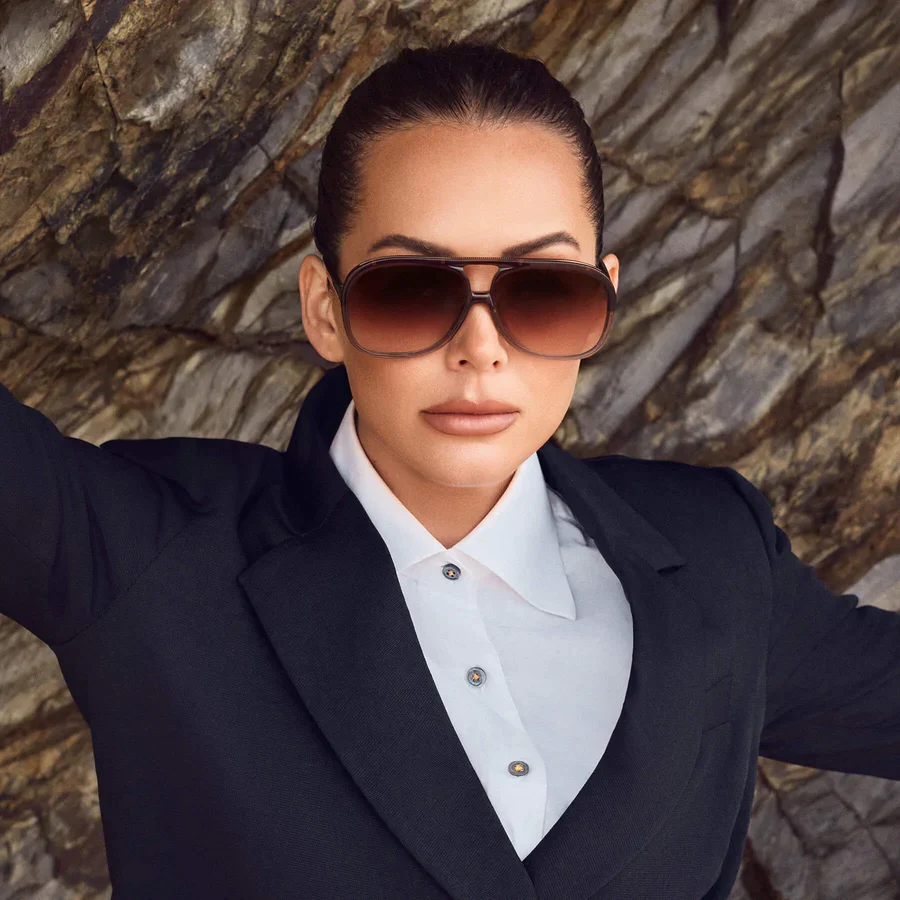 Valley Eyewear Bang Bang Transparent Chocolate Fade To Crystal w. Gold Metal / Dark Orange Gradient Lens