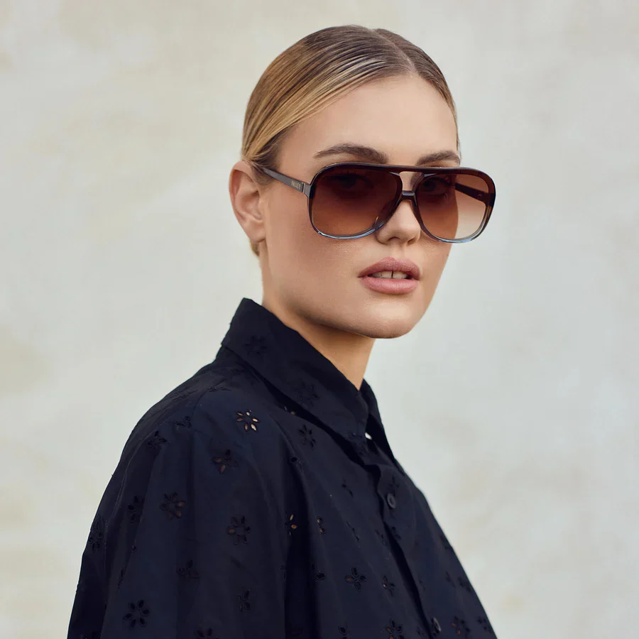 Valley Eyewear Bang Bang Transparent Chocolate Fade To Crystal w. Gold Metal / Dark Orange Gradient Lens - Image 3